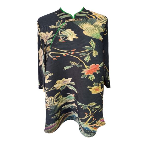 HMYT He Mei Ya Te Top Large Black Floral Orient Pleated Glam Elegant Chic Unique - Picture 1 of 12
